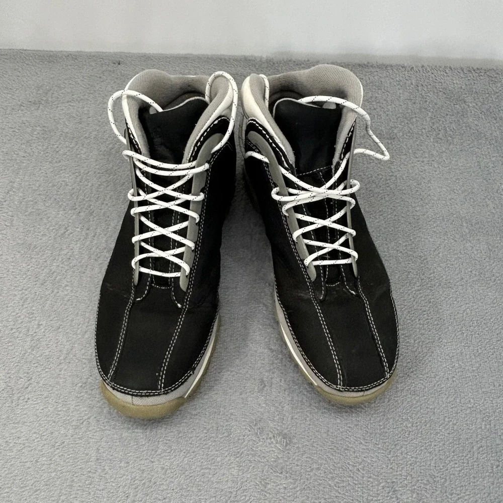 Timberland Mens 10.5 M Black Leather Mid Hiking Boots Style 1822 Grey White Trim